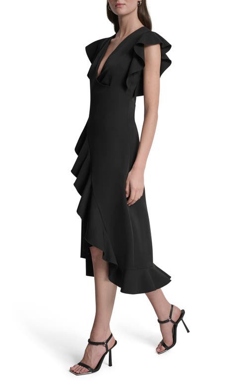 Dkny Ruffle Cap Sleeve Faux Wrap Midi Dress In Black