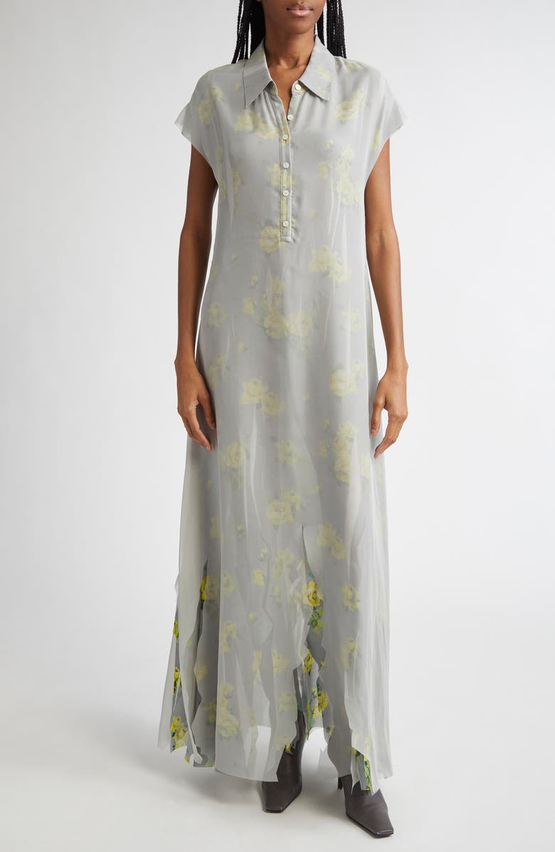 Acne Studios Dranee Floral Georgette Maxi Shirtdress, Main, color, Yellow/ Grey