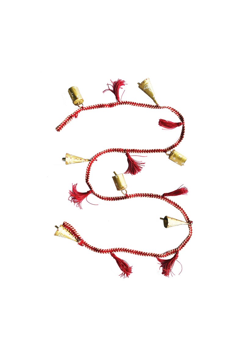 Metal Bell Garland with Painted Pattern & Cotton Tassels, Red & White, Main, color, Red & White