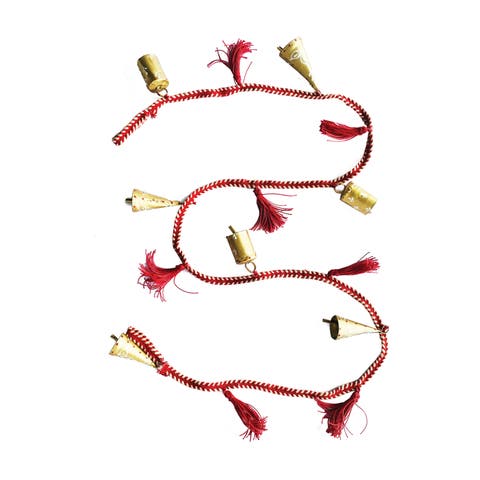 Metal Bell Garland with Painted Pattern & Cotton Tassels, Red & White