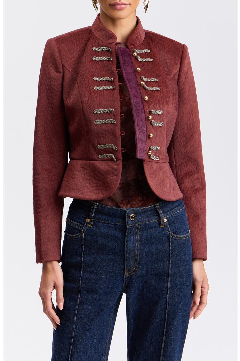 Mandarin Collar Peplum Jacket, Alternate, color, BURGUNDY