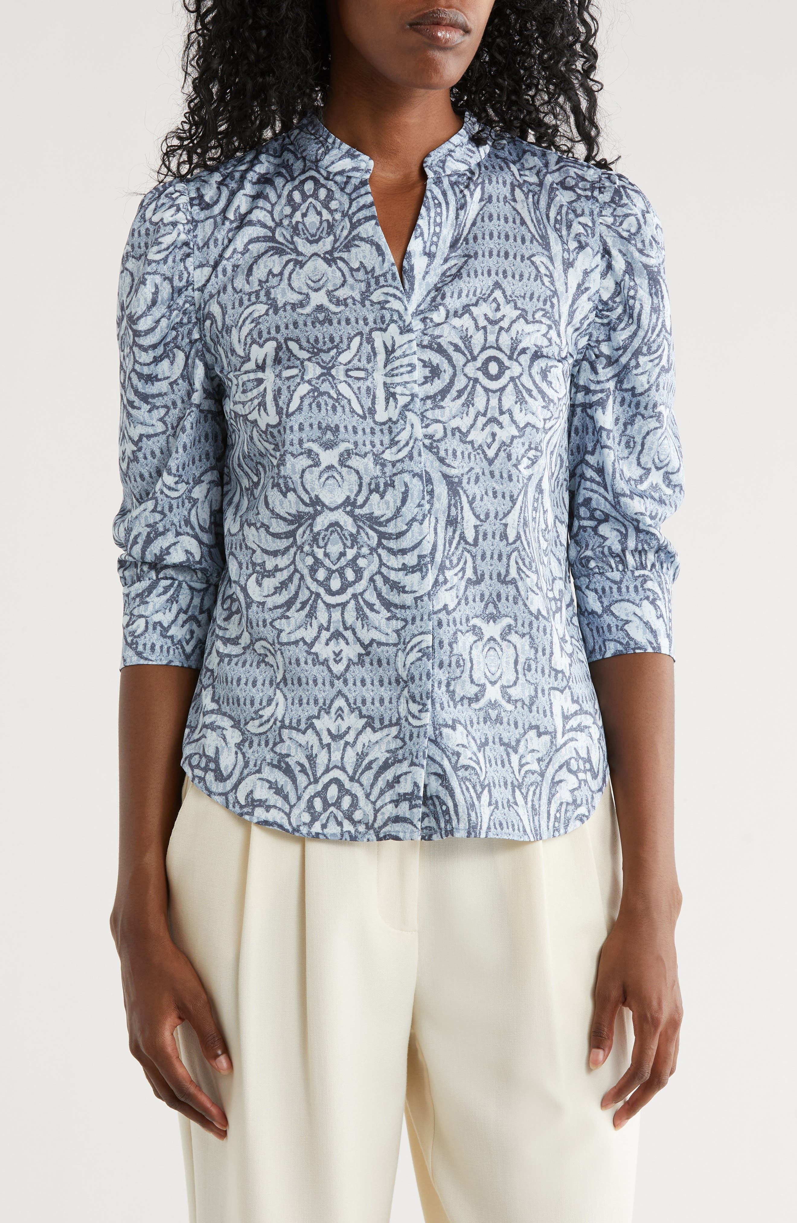 T Tahari Ruched Split Neck Top