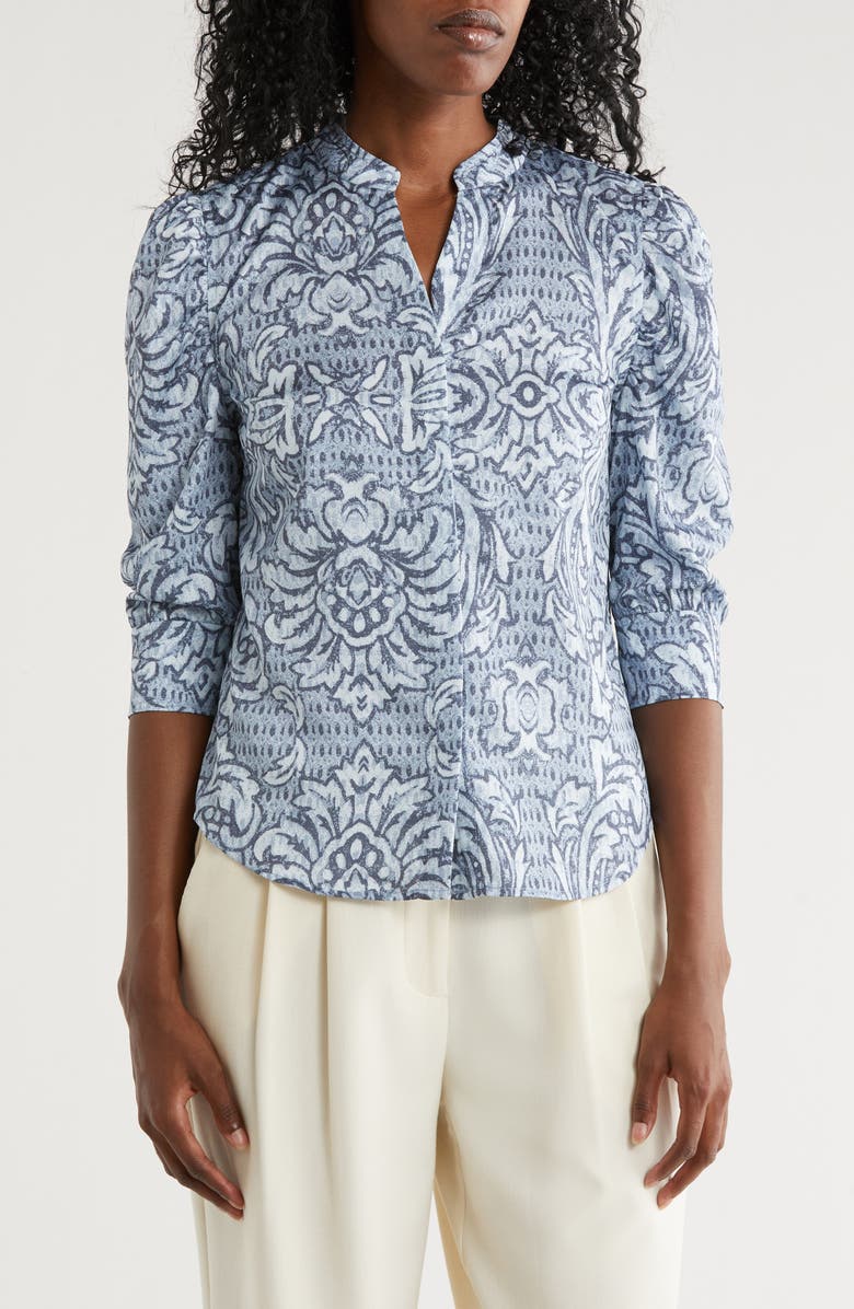 T Tahari Ruched Split Neck Top, Main, color, Abstract Scroll