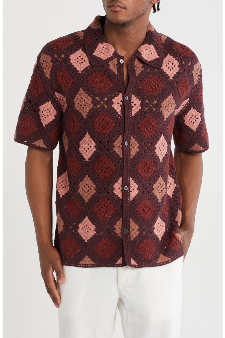 Crochet Diamond Short Sleeve Button-Up Shirt, Main, color, MAROON DIAMOND COMBO