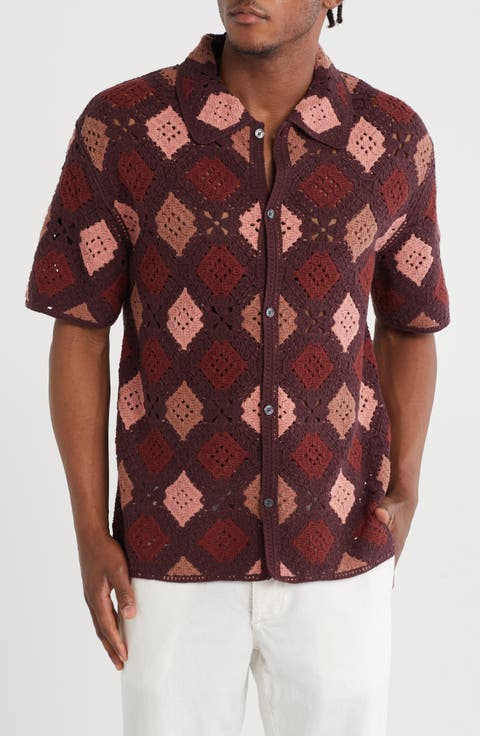 Crochet Diamond Short Sleeve Button-Up Shirt