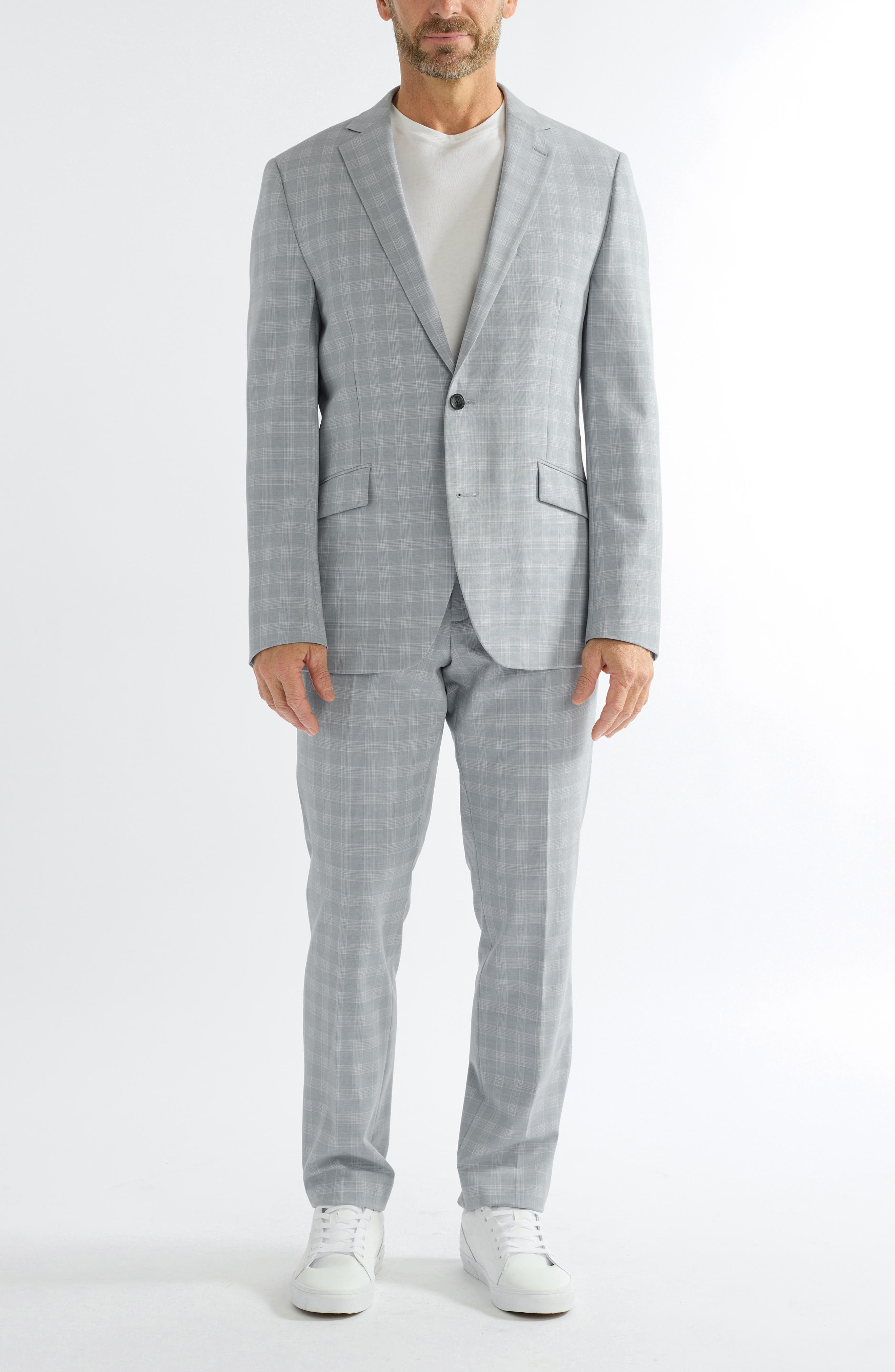 SAVILE ROW CO Hoxton Light Blue Grey Plaid Stretch Suit