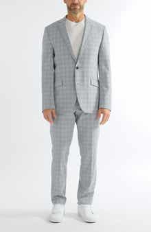 SAVILE ROW CO Hoxton Light Blue Grey Plaid Stretch Suit