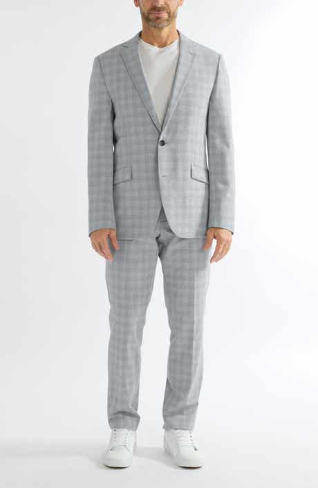 SAVILE ROW CO Hoxton Light Blue Grey Plaid Stretch Suit