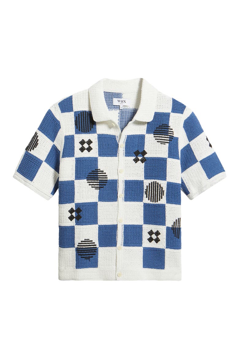 Porto Check Embroidered Cotton Crochet Polo, Alternate, color, ECRU / BLUE