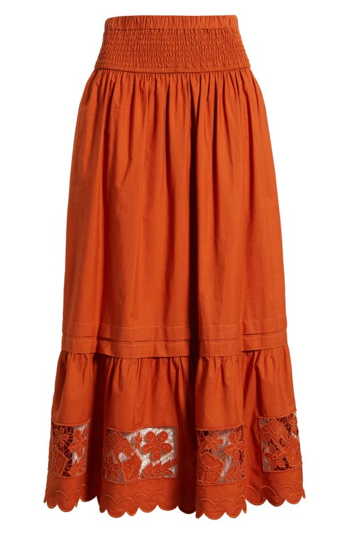 Love The Label Nolan Smocked Waist Embroidered Cotton Eyelet Midi Skirt In Brown