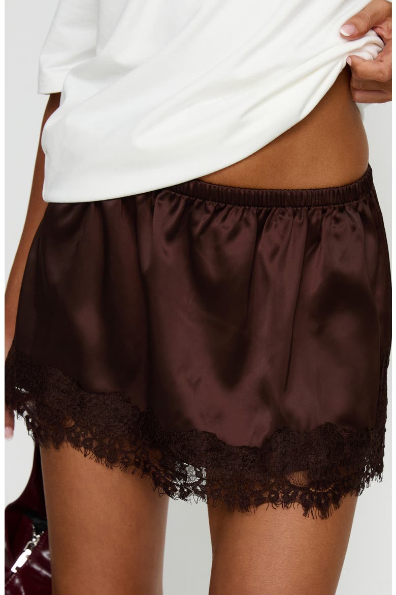Orlynn Satin Lace Trimmed Shorts, Alternate, color, BROWN