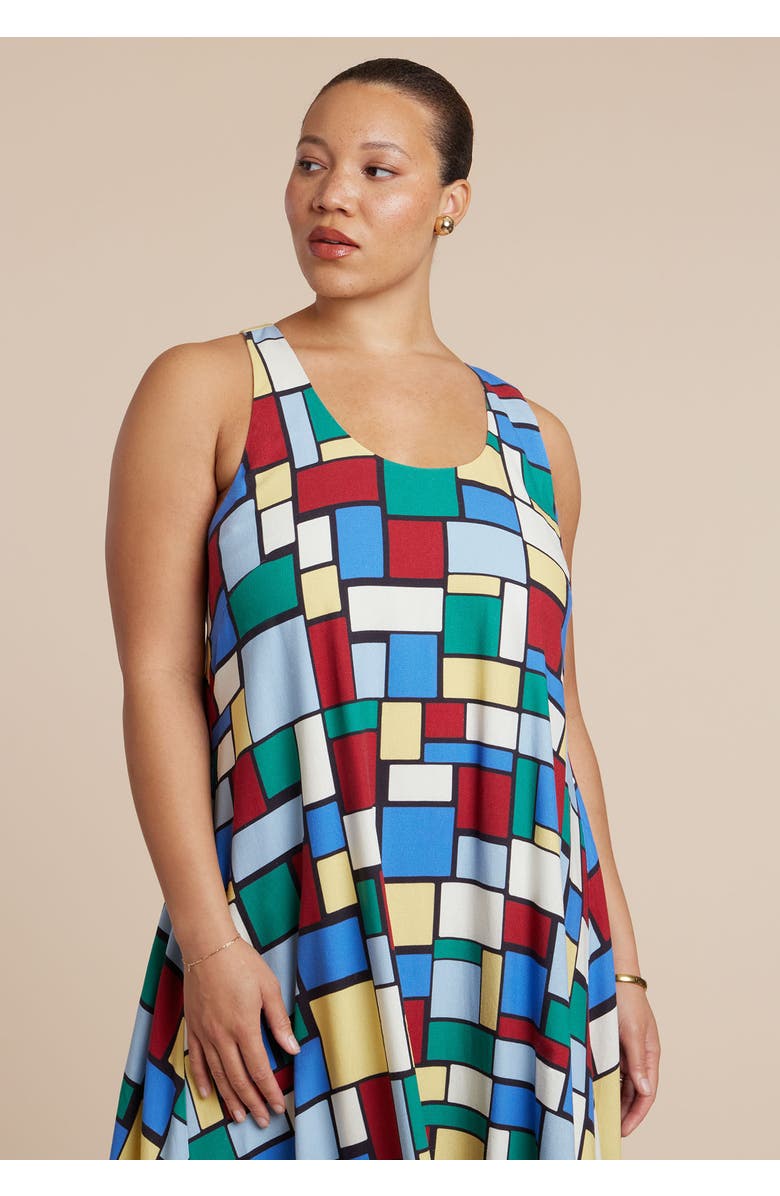 ELOQUII Printed Linen Trapeze Dress, Alternate, color, Summer Tiles