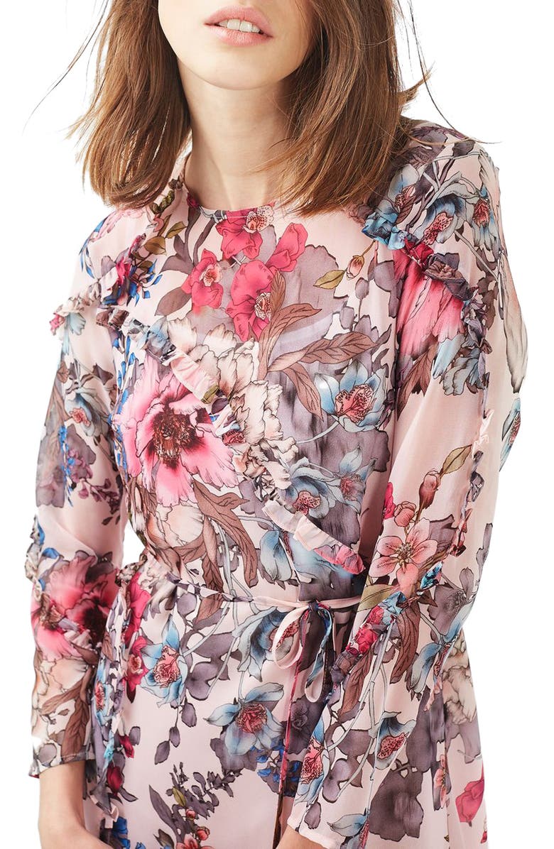 Topshop Pop Floral Ruffle Midi Dress, Alternate, color, 