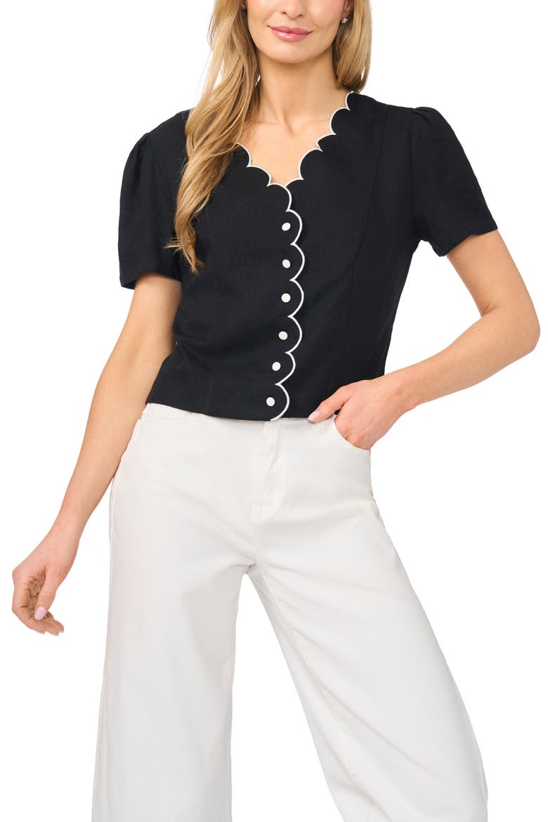 Scallop Detail Button-Up Shirt, Main, color, RICH BLACK