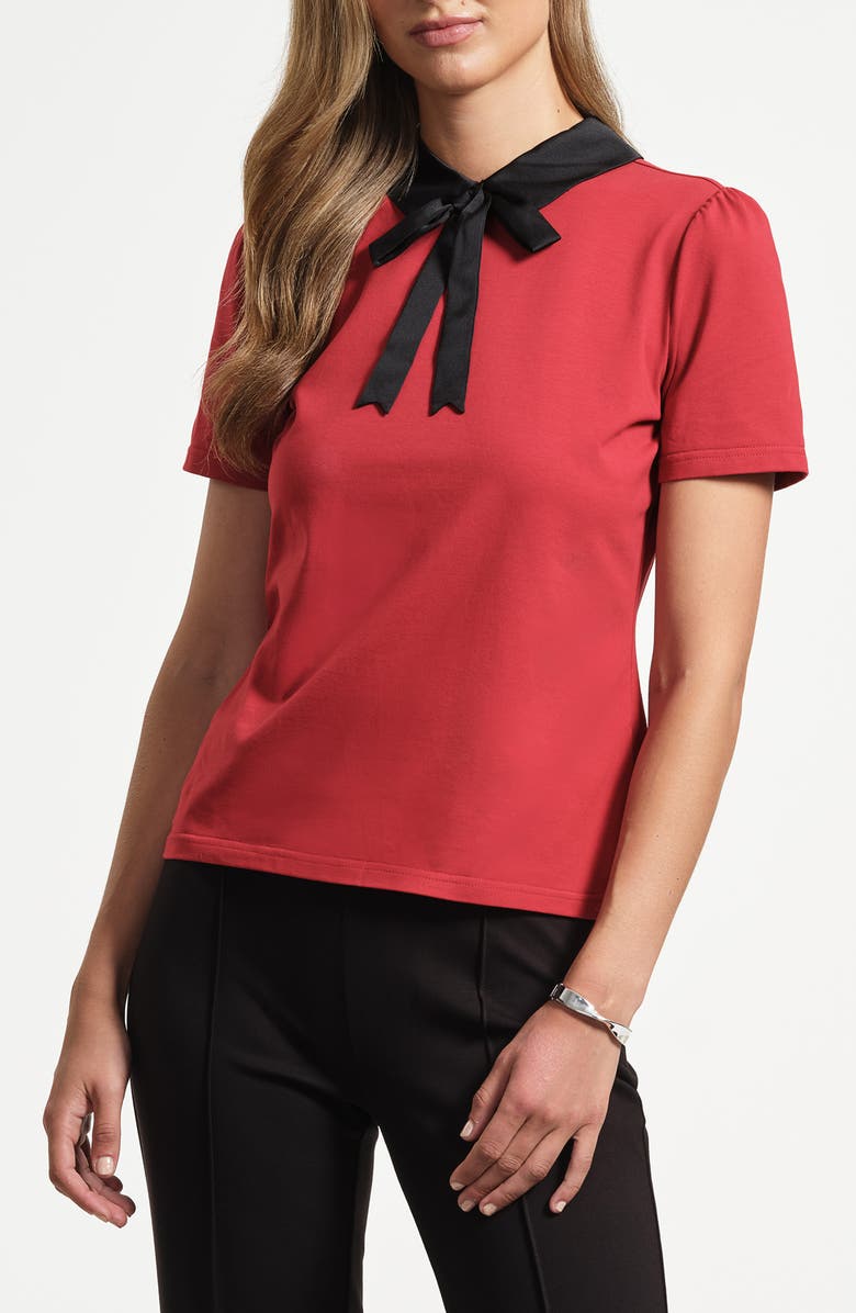 Isaac Mizrahi New York Satin Trim Peter Pan Collar Stretch Cotton T-Shirt, Main, color, Red/ Black