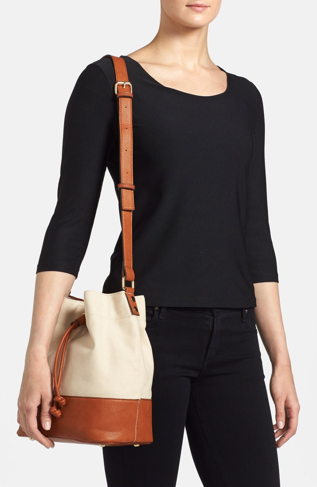 Canvas & Faux Leather Bucket Bag, Alternate, color, COGNAC