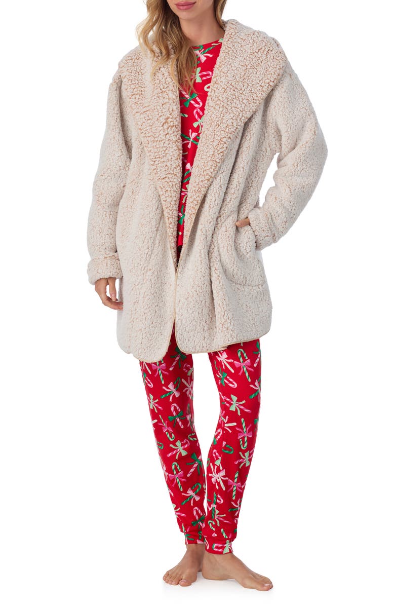 Room Service Pjs Hooded Fleece Lounge Jacket, Main, color, Tan Print