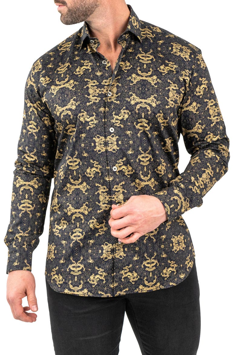 Fibonacci Goldendragon Black Contemporary Fit Button-Up Shirt, Main, color, BLACK