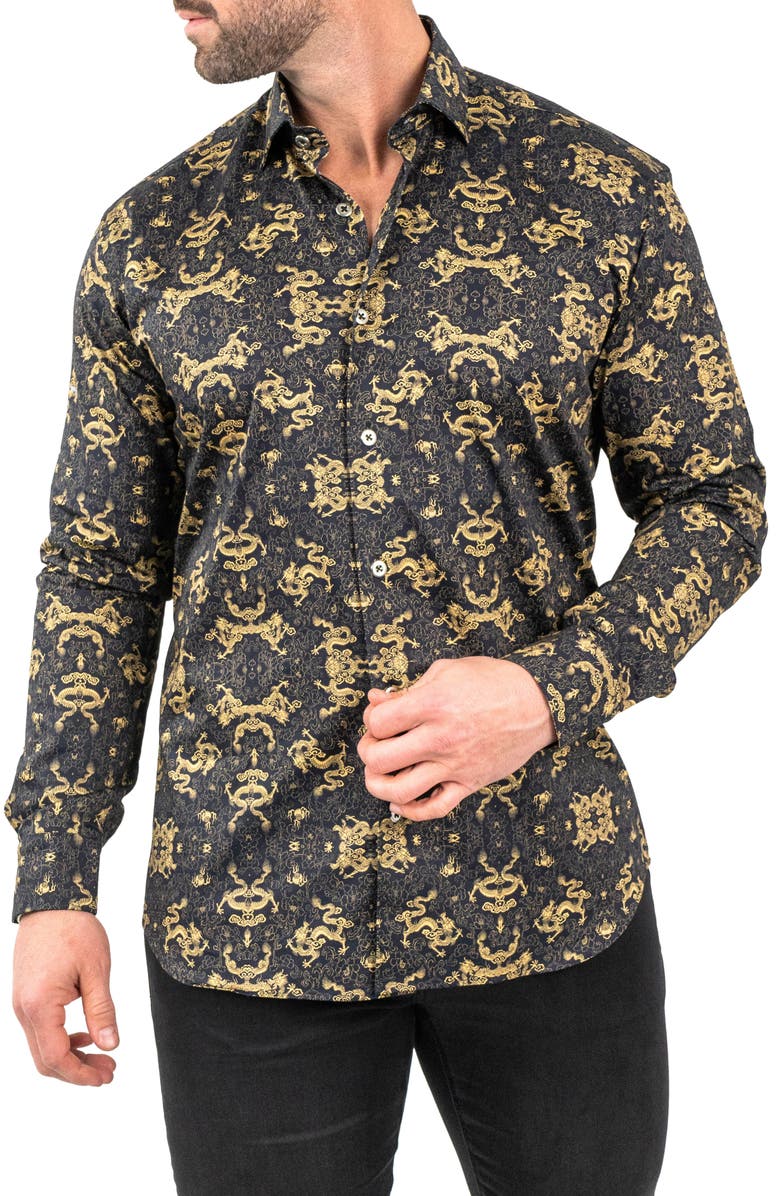 Maceoo Fibonacci Goldendragon Black Contemporary Fit Button-Up Shirt, Main, color, 