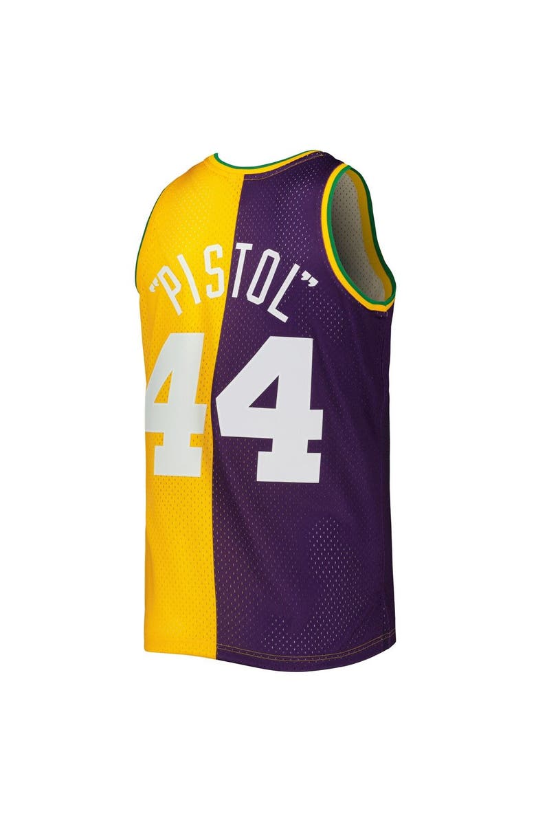 Mitchell & Ness Men's Mitchell & Ness Pete Maravich Purple/Yellow New Orleans Jazz Hardwood Classics 1974/75 Split Swingman Jersey, Alternate, color, 