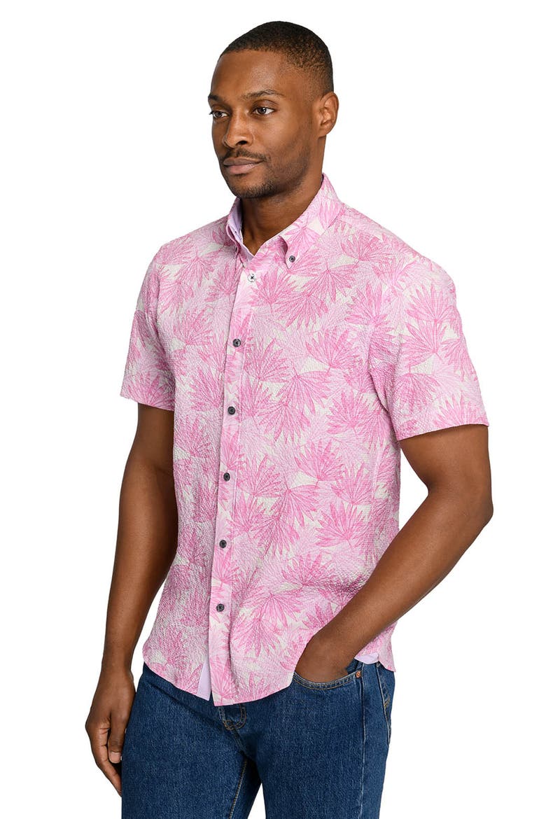 Palm Print Short Sleeve Seersucker Button-Up Shirt, Alternate, color, LIGHT PINK