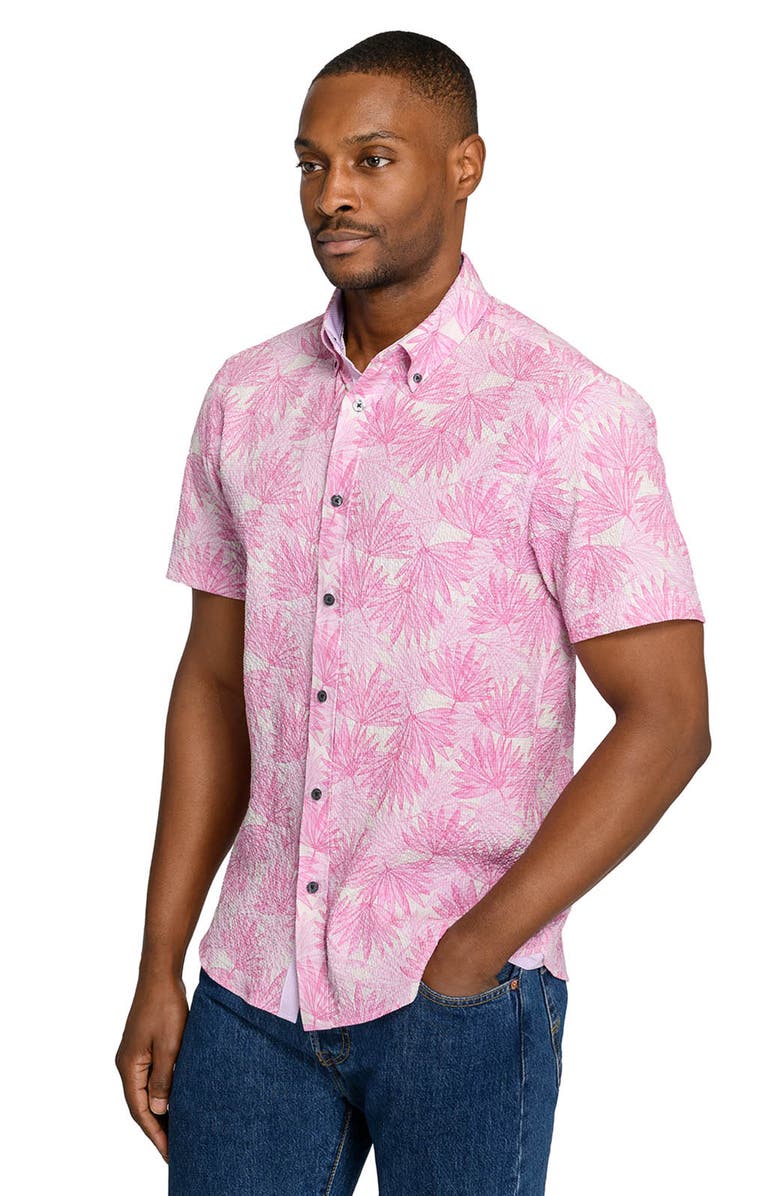 CONSTRUCT Palm Print Short Sleeve Seersucker Button-Up Shirt, Alternate, color, Light Pink