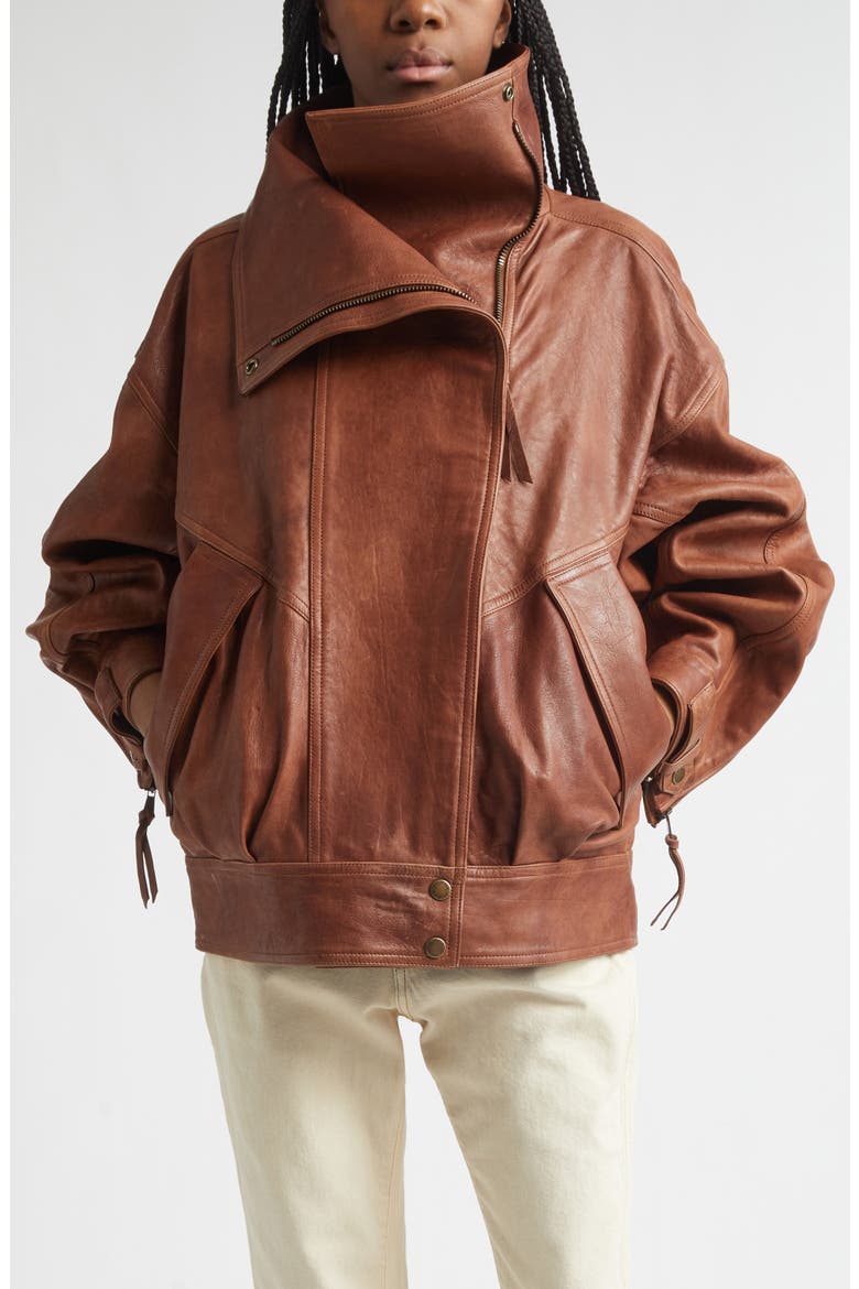 High Collar Leather Bomber Jacket, Main, color, 8EH BROWN