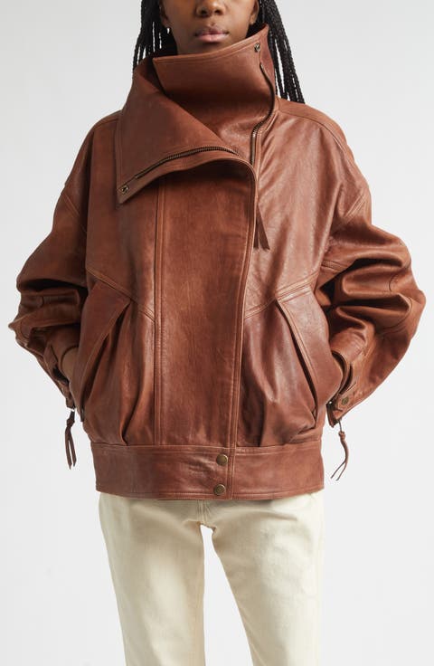 High Collar Leather Bomber Jacket