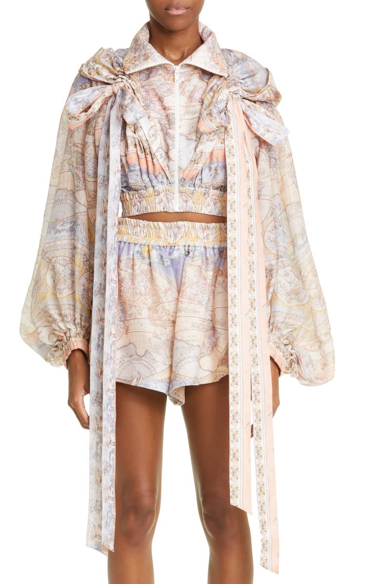 Zimmermann Odyssey Print Hooded Crop Linen & Silk Zip Jacket, Main, color, 