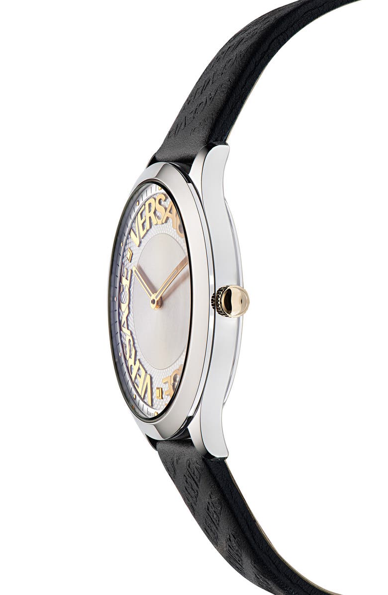 Versace Logo Halo Leather Strap Watch, 38mm, Alternate, color, 