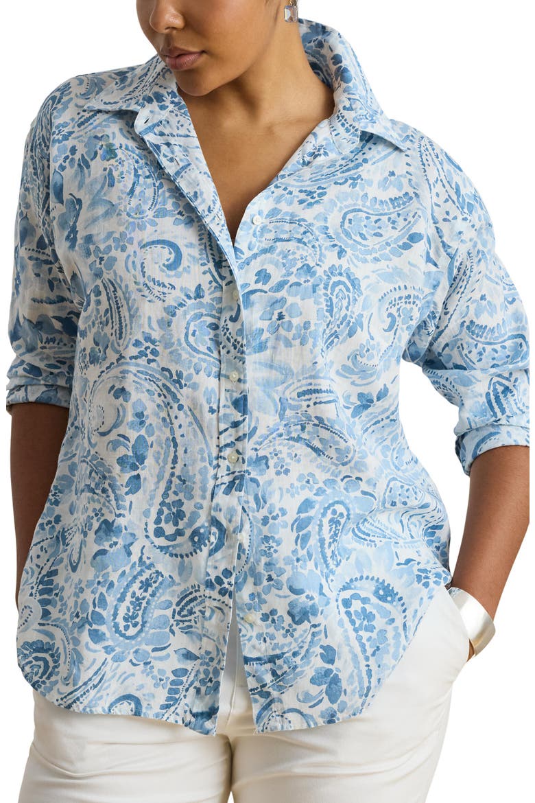 Paisley Print Linen Button-Up Shirt, Main, color, WHITE/ BLUE