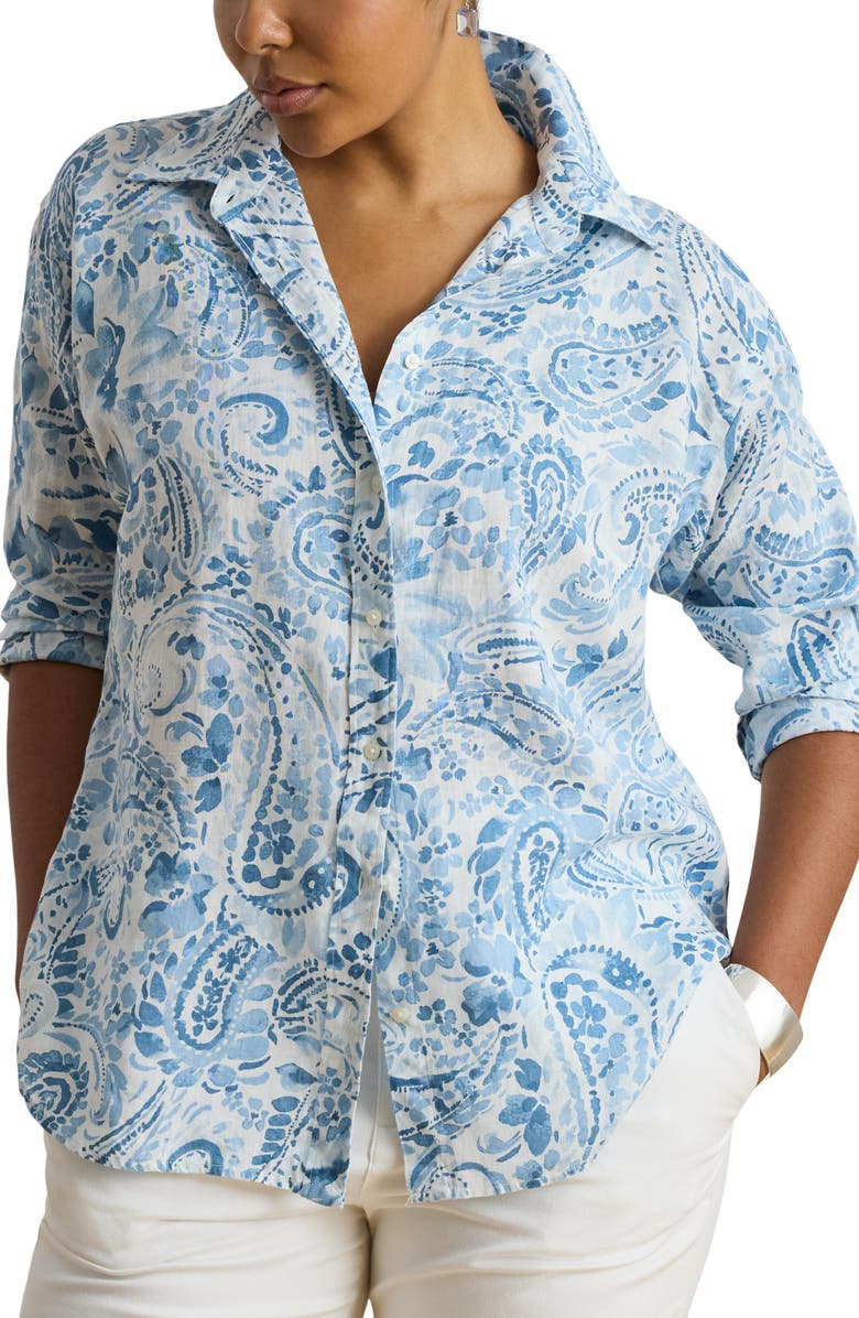 Lauren Ralph Lauren Paisley Print Linen Button-Up Shirt, Main, color, White/ Blue
