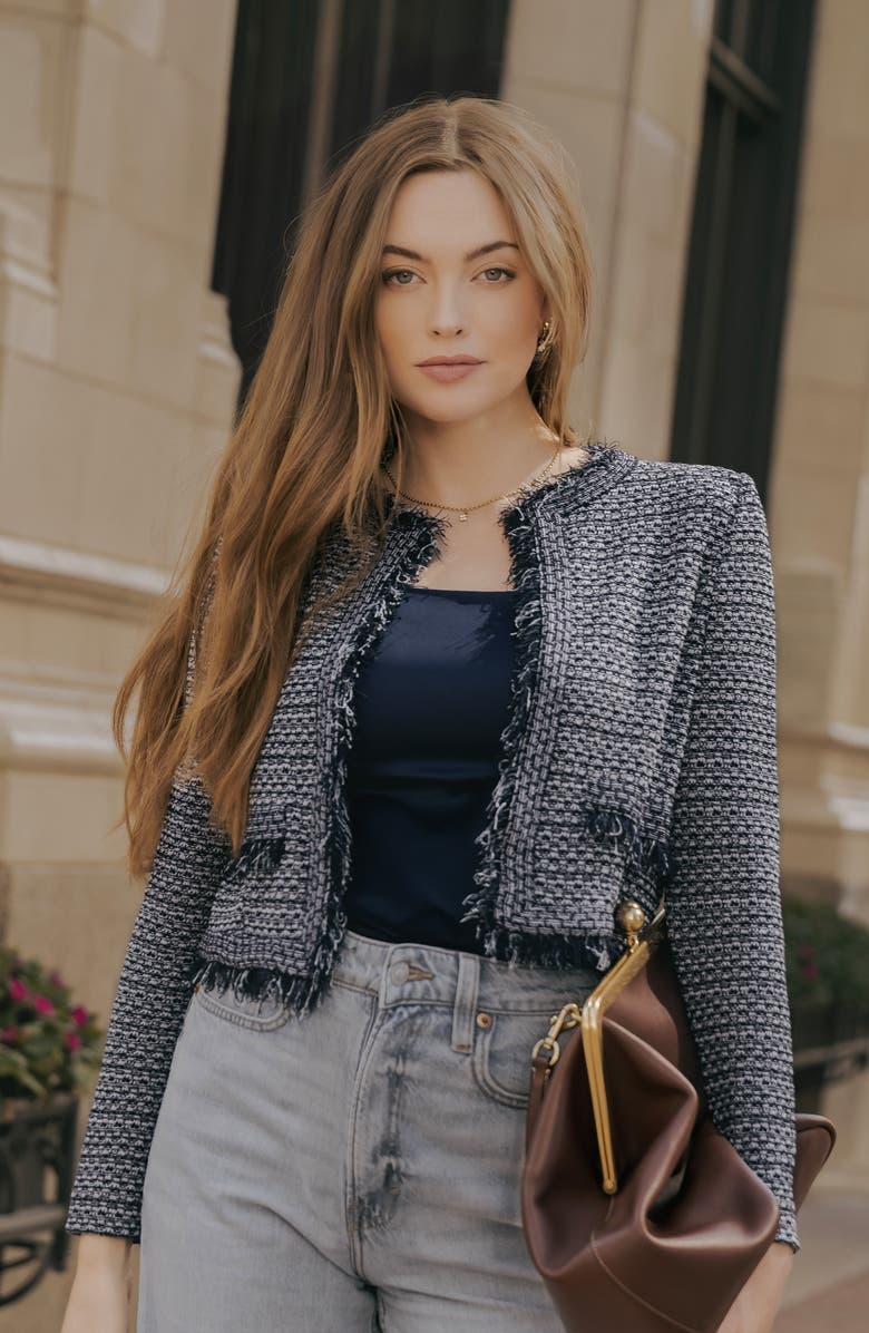 Misook x Lani Lynn Fringe Trim Tweed Jacket, Alternate, color, Moonlit Navy/Blue Frost/Black