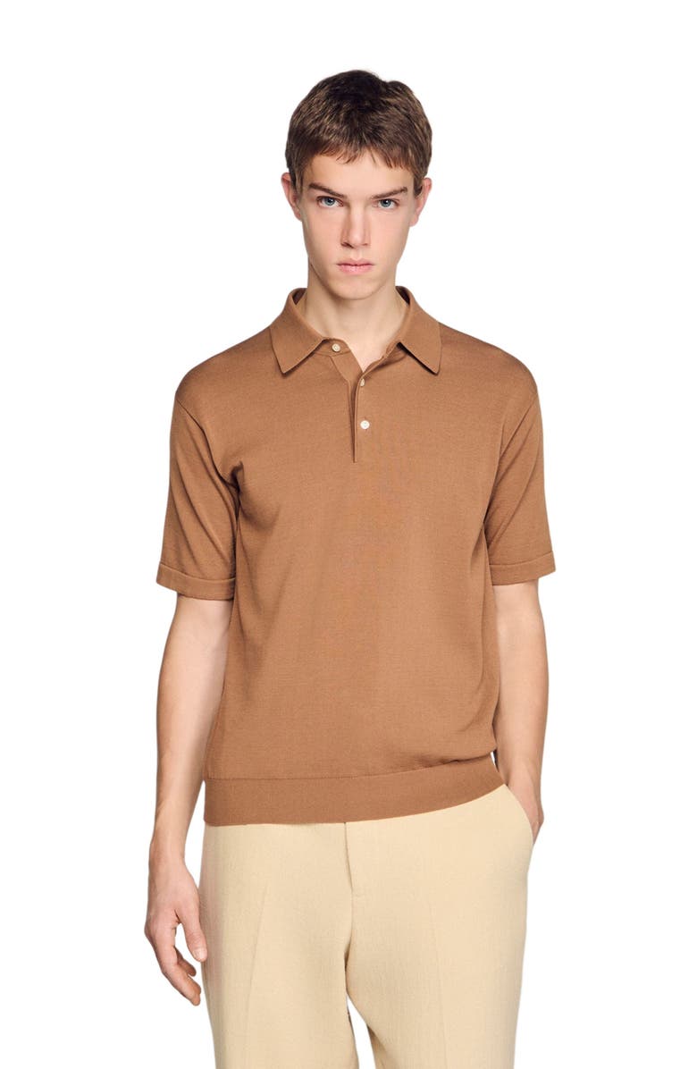 SANDRO Cotton and silk polo shirt, Main, color, Dark Camel