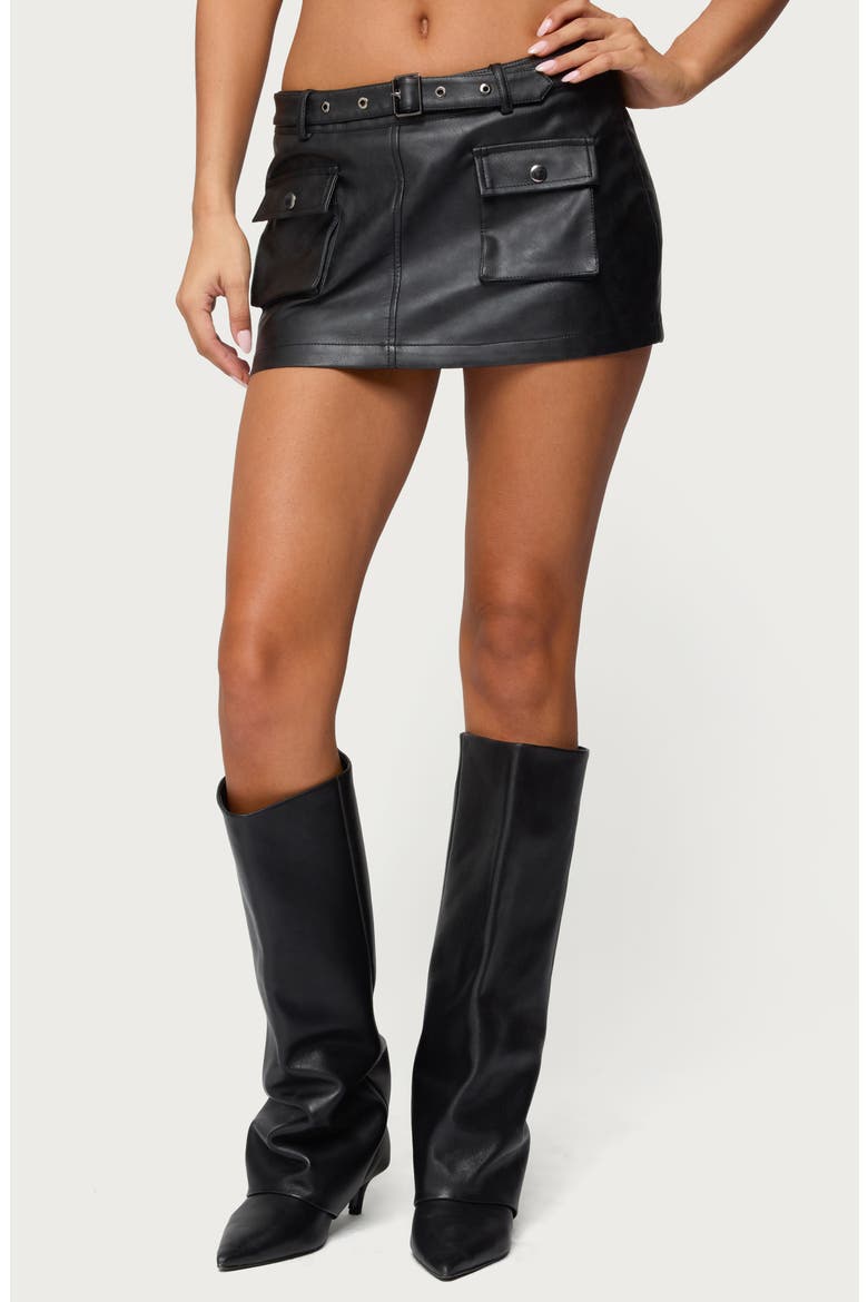 Belted Low Rise Cargo Faux Leather Miniskort, Main, color, BLACK