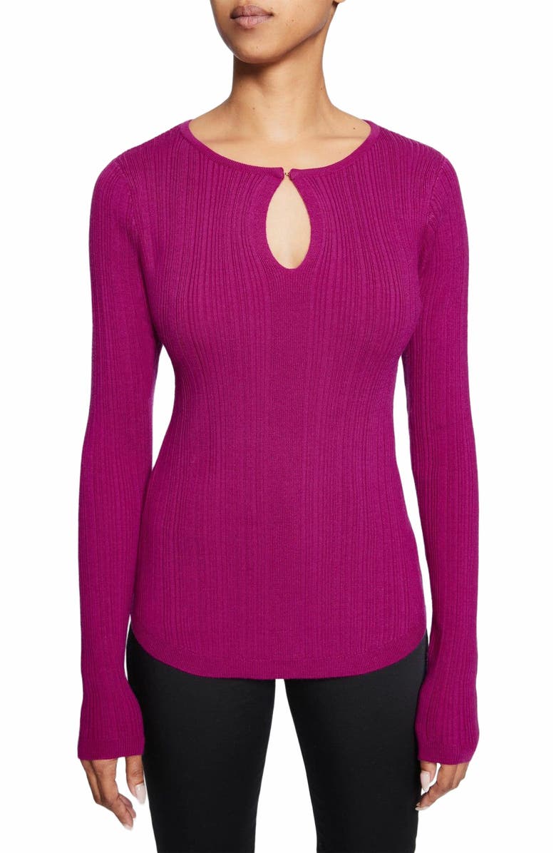 Santorelli Charlene Ribbed Keyhole Knit Top in Merino Wool, Main, color, Magenta