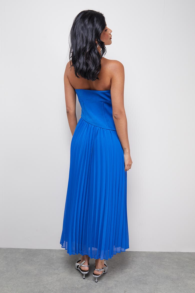 Bandeau Bodice Pleated Midi Dress, Alternate, color, Cobalt