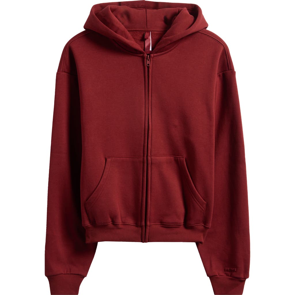Skims Cotton Fleece Blend Classic Zip-up Hoodie In Burgundy