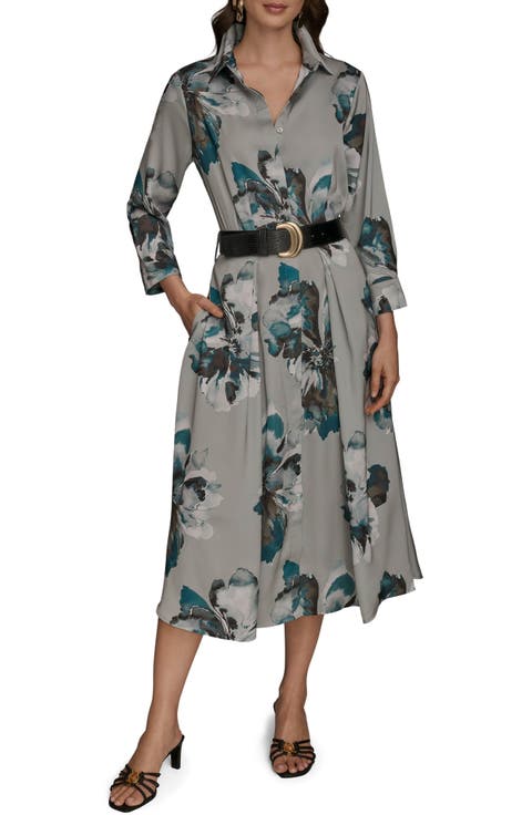 Floral Print Long Sleeve Belted Shirtdress