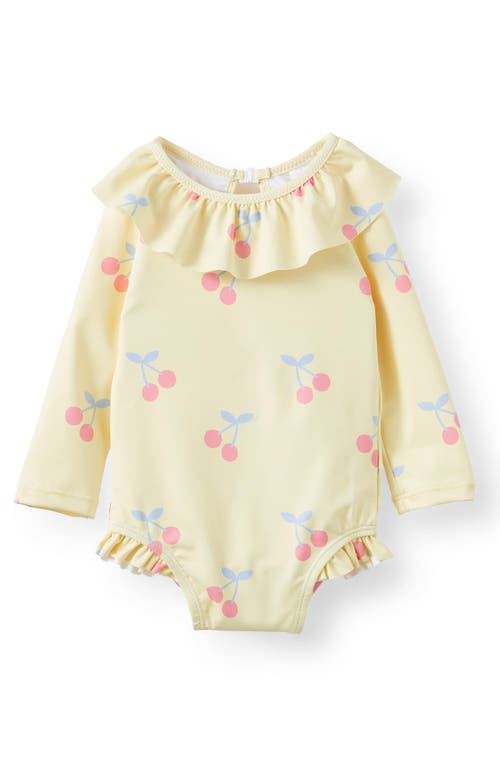 Cotton On Kids Bonnie Long Sleeve Ruffle One Piece in Baby Yellow Summer Cherries at Nordstrom, Size 0-3M