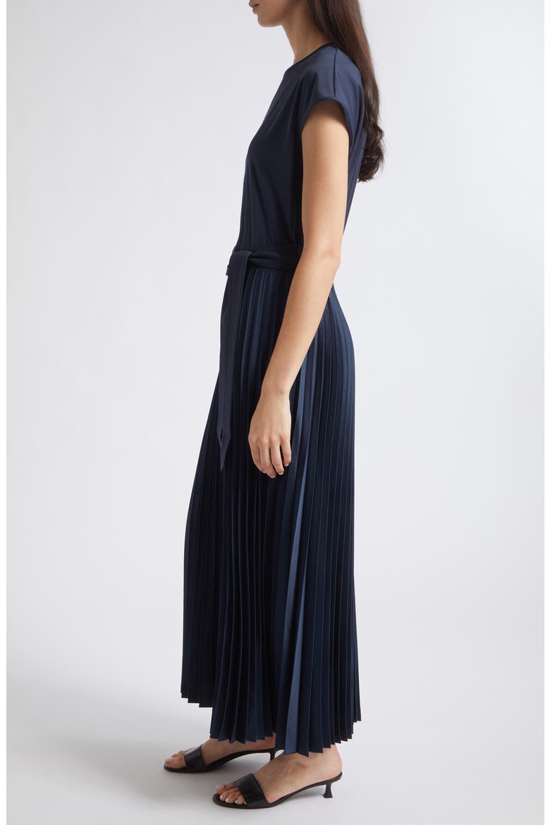 Tie Waist Pleated Satin Maxi Dress, Alternate, color, NAVY