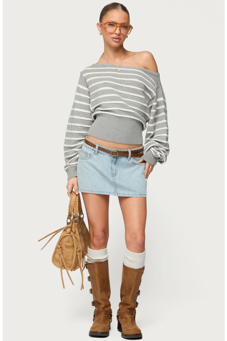 Mika Stripe Off the Shoulder Knit Crop Top, Alternate, color, GRAY-MELANGE