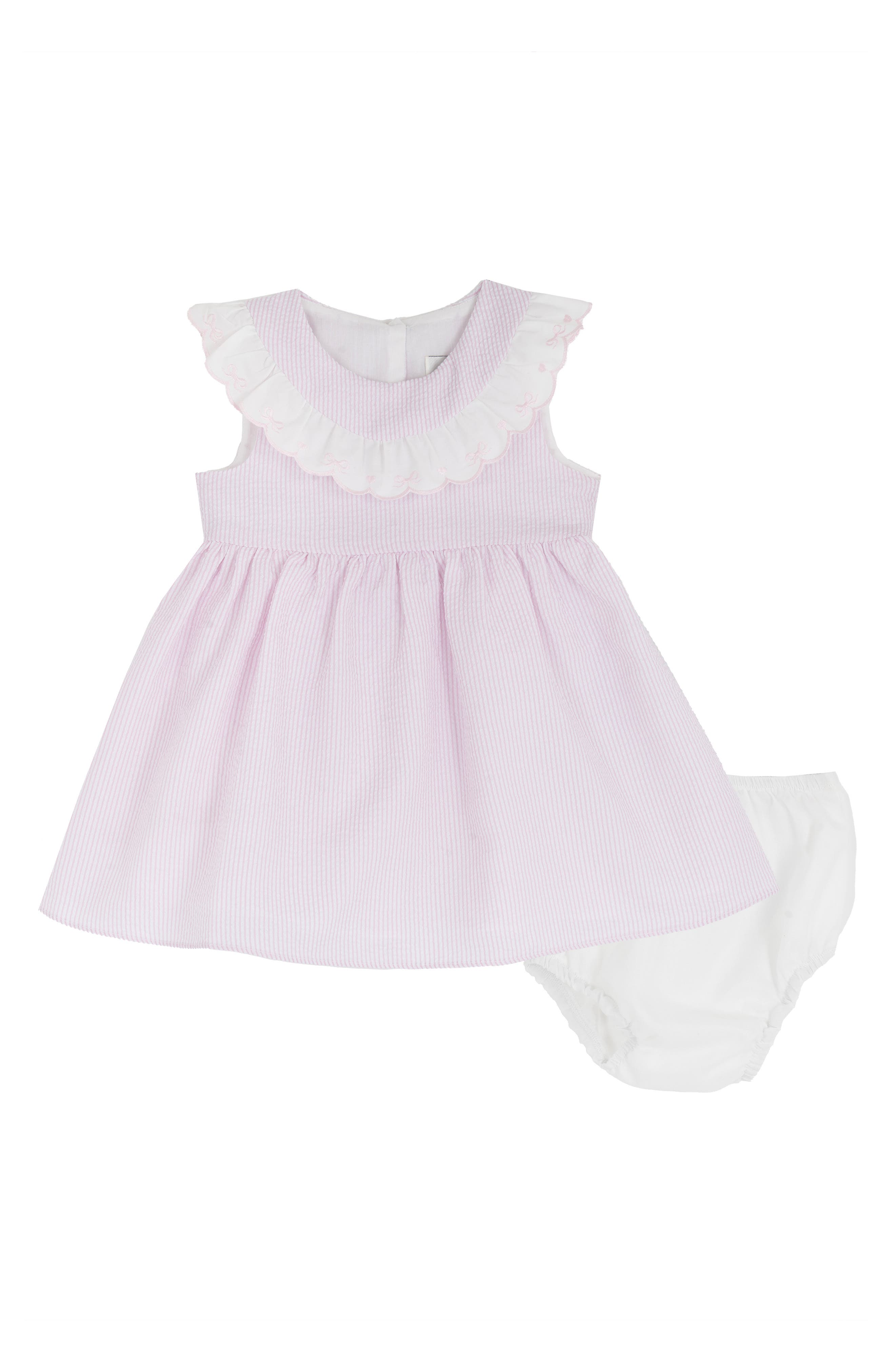 Rare Editions Dainty Bows Scallop Collar Seersucker Dress & Bloomers Set