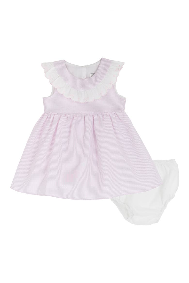 Dainty Bows Scallop Collar Seersucker Dress & Bloomers Set, Main, color, PINK