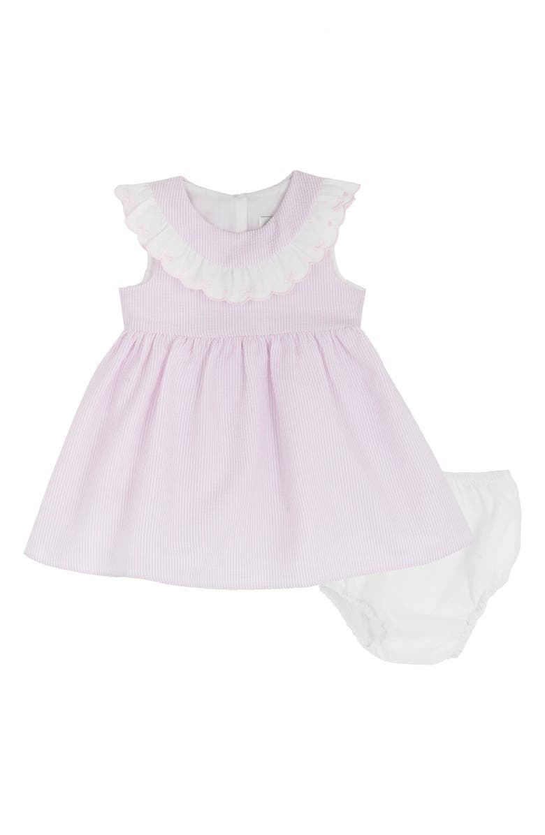 Rare Editions Dainty Bows Scallop Collar Seersucker Dress & Bloomers Set, Main, color, Pink