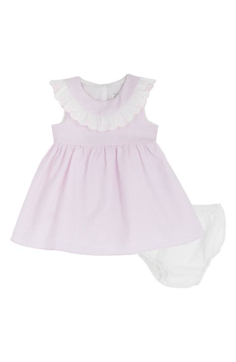 Dainty Bows Scallop Collar Seersucker Dress & Bloomers Set (Baby)