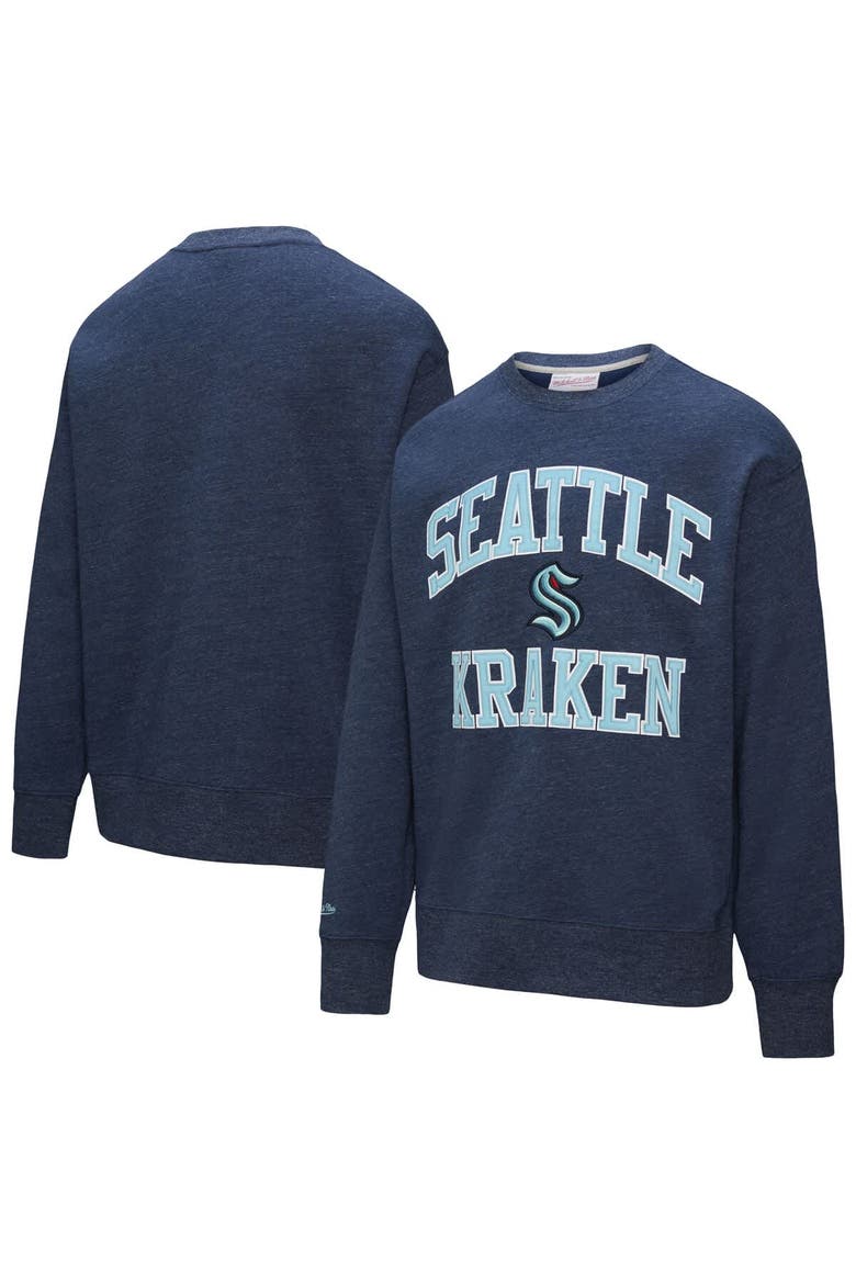 Men's Mitchell & Ness Deep Sea Blue Seattle Kraken Playoff Win Fleece Pullover Sweatshirt, Main, color, Navy
