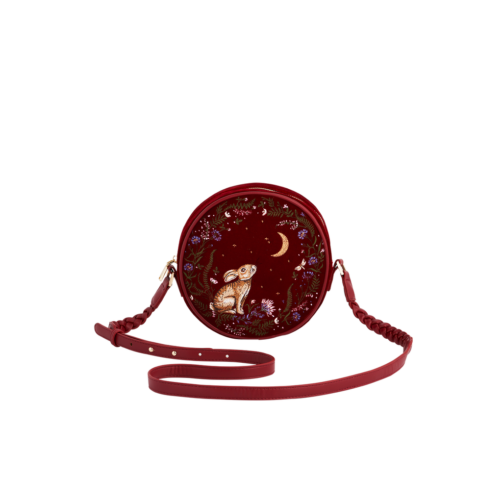 Fable England Star Gazing Rabbit Red Embroidered Circle Bag In Red