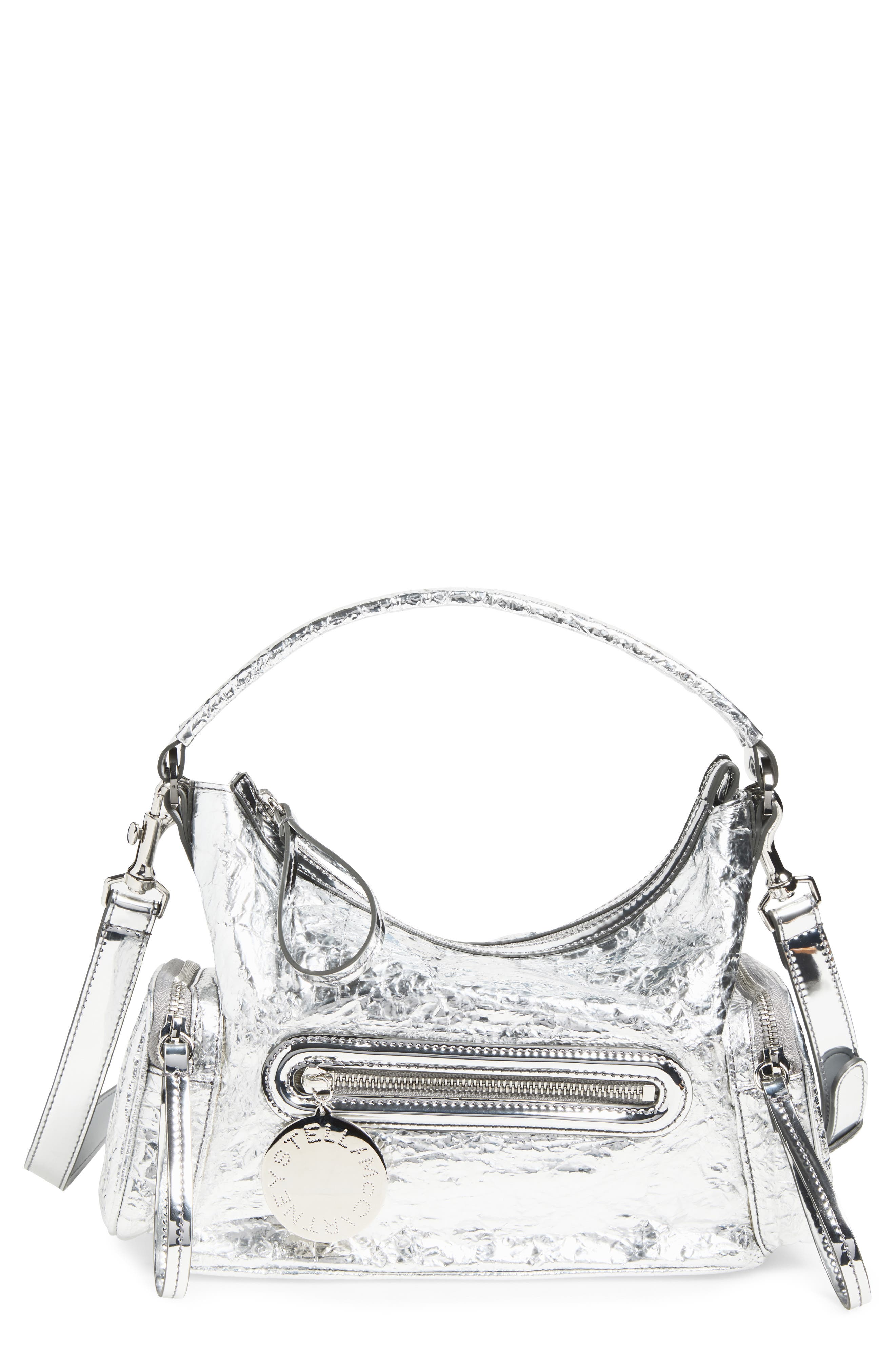 Stella McCartney Small Dartmoor Crinkled Metallic Faux Leather Shoulder Bag, Main, color, Silver