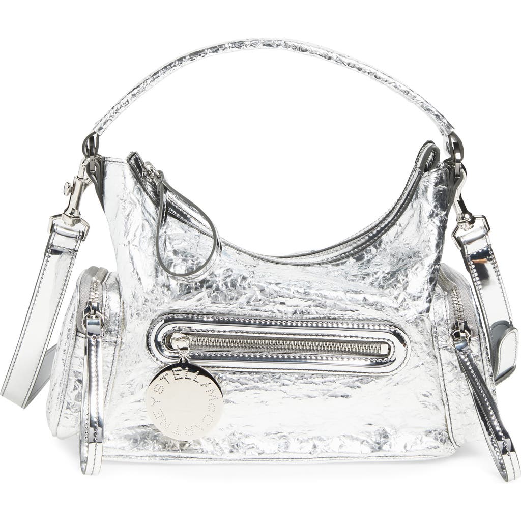Stella Mccartney Small Dartmoor Crinkled Metallic Faux Leather Shoulder Bag In White